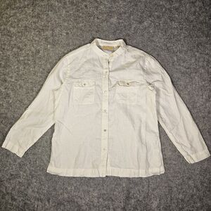 Kate Hill Womens White Linen Mandarin Collar Pocket Button Up Shirt Size Large